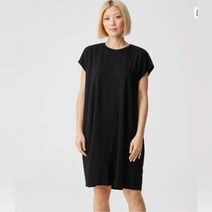Eileen Fisher Boxy Cap Sleeve Shift Mini Dress Black‎